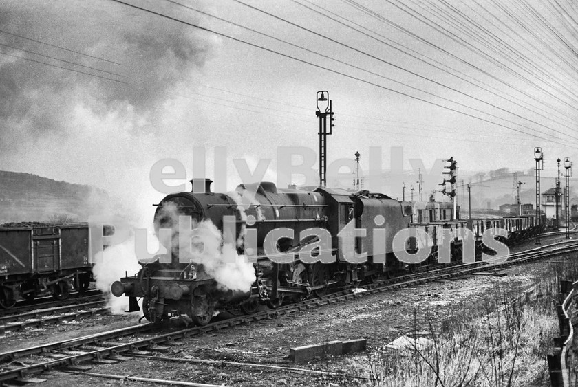 LPIS STM BW NEGS 0086 
 Stonier 8F 48673 of Stockport Edgeley shed (9B) departs from Gow Holes yard to the east with an unfitted freight. A pair of Type 2 Class 20s heads west with a coal train. The date is presumed to be 1967. 
 Keywords: 48673, 9B, 8F, BR, Black and White, Midland, LMS, Freight, Stanier, Stockport Edgeley, Steam, Gow Holes