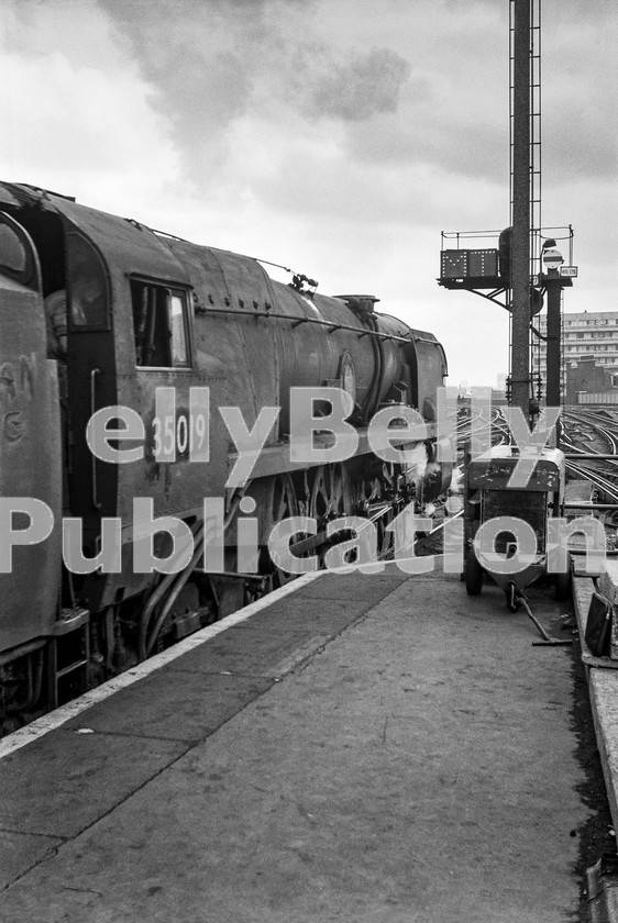 LPIS STM BW NEGS 0097 
 Merchant Navy pacific 35019 'French Line CGT' of Weymouth shed (70G) waits to depart London Waterloo on 24th June 1965. 
 Keywords: 35019, 'French Line CGT', 70G, MN, BR, Black and White, Southern, SR, Passenger, Bullied, Weymouth, Steam, London Waterloo