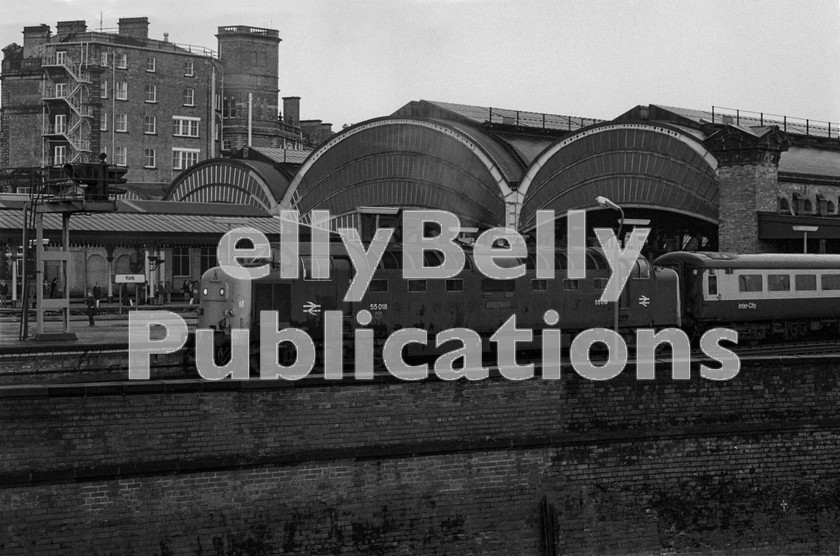 LPIS DSL BW NEGS 0030 
 EE Class 55 Deltic 55018 'Ballymoss' stands at York with 1S31 15:00 King's Cross to Berwick on 12th April 1979. 
 Keywords: EE,Deltic,Class 55,D9018,9018,55018,York,Eastern,Passenger,BR,B&W