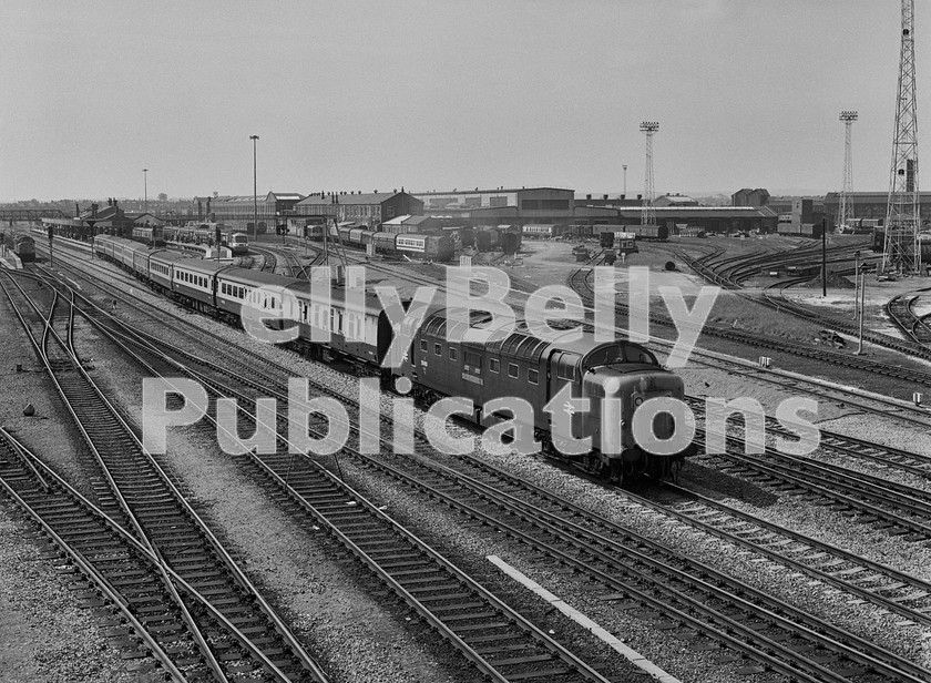 LPIS DSL BW NEGS 0012 
 EE Deltic 55013 'The Black Watch' is seen departing Doncaster with the final loco-hauled 1D00 08:05 service from King's Cross to Hull on Saturday 30th May 1981. From the 1st June the only booked Deltic to Hull was the 1D08 19:40 from London returning the following morning as the 1A13 09:36 to King's Cross... 
 Keywords: 1D00, 30/5/1981, 9013, 55013, Black and White, BR, Class 55, D9013, Diesel, Doncaster, Eastern Region, LNER, Passenger