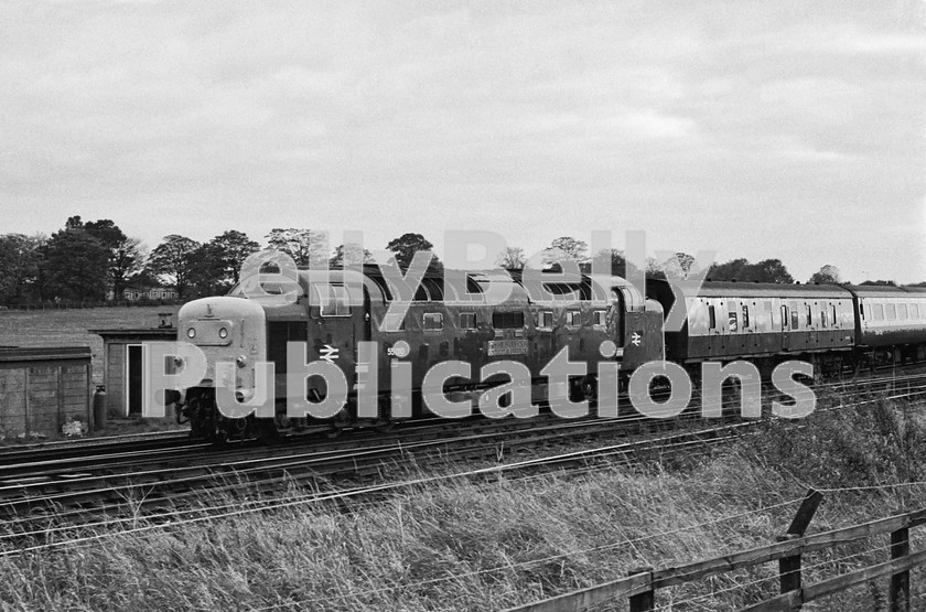 LPIS DSL BW NEGS 0023 
 EE Class 55 Deltic 55010 'The King's Own Scottish Borderer' slows through Chaloners Whin Junction south of York with the 13.00 King's Cross to Edinburgh service on 28th October 1978. 
 Keywords: EE,Deltic,Class 55,D9010,9010,55010,Chaloners Whin,York,Eastern,BR,Passenger,B&W