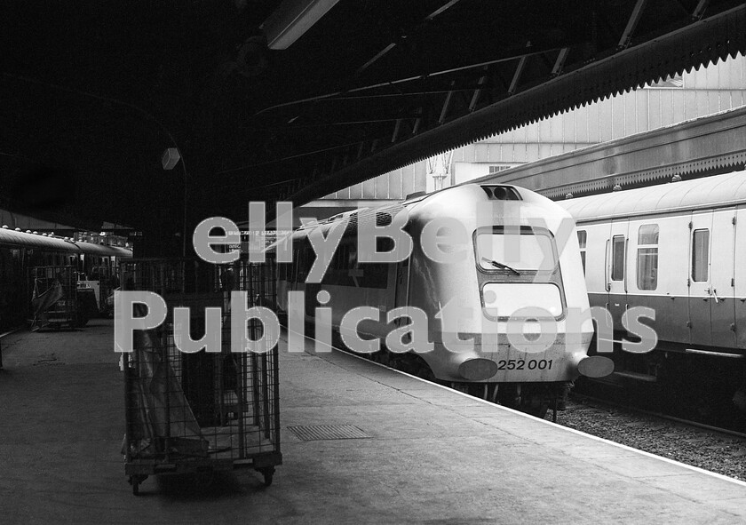 LPPC DSL BW 1296 
 The prototype High Speed Train (HST), then classified as Class 252 and with Power Car 43000 leading, waits to leave Paddington during its revenue earning trial period on a train to Bristol. Little did anyone realise what was going to develop.... Note the empty Brutes waiting around for their next tasks, with some blocking the platform for passengers. These were neat cages on wheels for parcels/newspapers, or other items of non-freight train merchandise. The title derives from British Rail Universal Trolley Equipment and they could be seen littering pretty well any busy station, making it clear how important this sort of traffic was to British Rail at the time. 
 Keywords: BR, Western, HST, Prototype, 43000, Passenger, Paddington