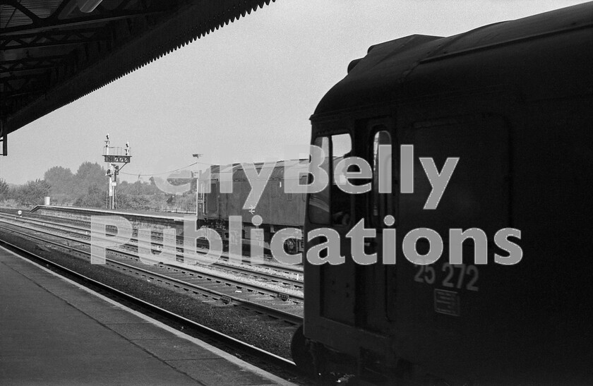 LPPC DSL BW 1147 
 Two Sulzer Type 2 Class 25s pause at the north end of Leamington Spa station. 25259 seen on the far platform is on a parcels working and is soon to take the branchline to the east towards Coventry and beyond. Classmate 25272 is the leading Class 25 of a pair on a timetabled summer extra which will head to Birmingham New Street and further via Solihull. The loco has a recess in the side of the cab for the fitment of automatic tablet exchange apparatus, as it was allocated from new to 65A Eastfield Glasgow for possible work on the West Highland lines, but that never happened. 
 Keywords: BR, Western, Leamington Spa, Class 25, 25272, 25259, Parcels, Passenger