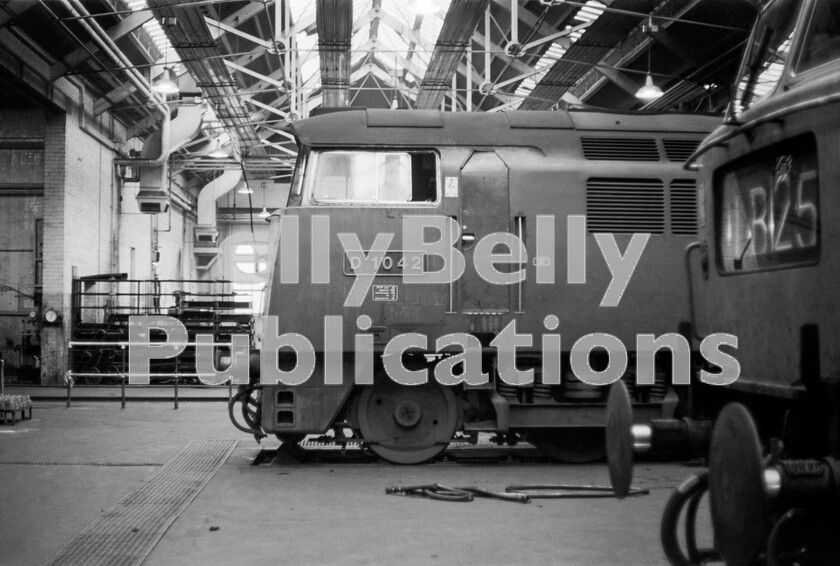 LPPC DSL BW 0995 
 All the GWR A code sheds had their own, quite substantial, lifting shops where locomotives requiring more complex repairs than just running and servicing problems, could be accommodated and dealt with. Old Oak Commons was known colloquially as the Factory and this shot was taken inside in 1971. Western Class 52 number D1042 Western Princess is in for some work and displays, under its running number, the sticker provided on all locomotives after the end of steam on BR, depicting such information as its maximum speed, brake force and route availability. The loco also displays its shed-code plate, or sticker as the genre had evolved, in this case Laira (84A). 
 Keywords: BR, Class 47, Class 52, Western, D1042, 'Western Princess', 1971, Old Oak Common, The Factory