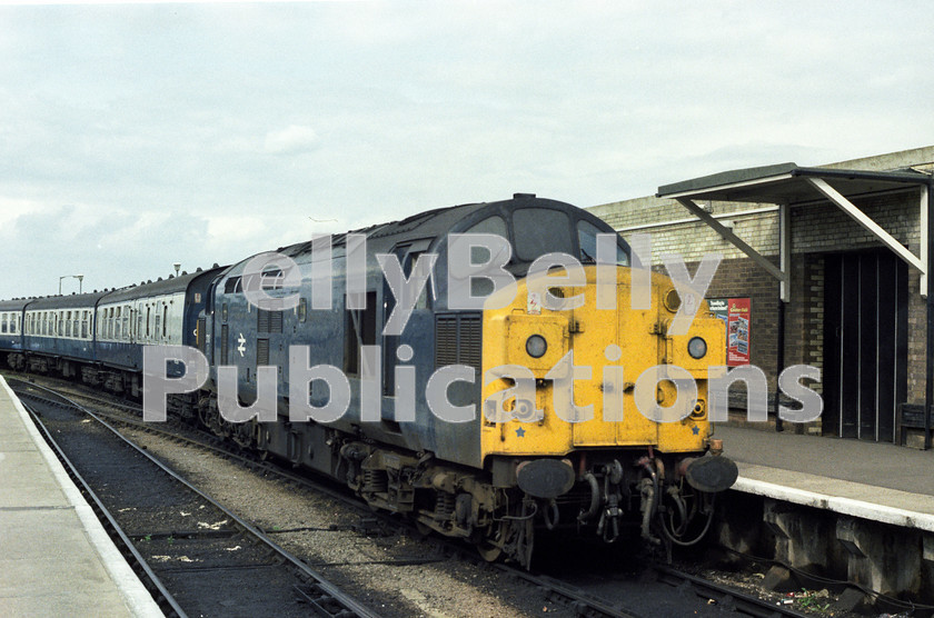 LPAP-DSL-CO-0084 
 37110 stands at Yarmouth after working 1P98 the 0844 from Newcastle, which the tractor hauled from Norwich, 1st September 1984. 
 Keywords: BR, Eastern, LNER, Norfolk, Great Yarmouth, Diesel, BR, Shed, Colour, Class37, 37110, D6810, MR, 1984