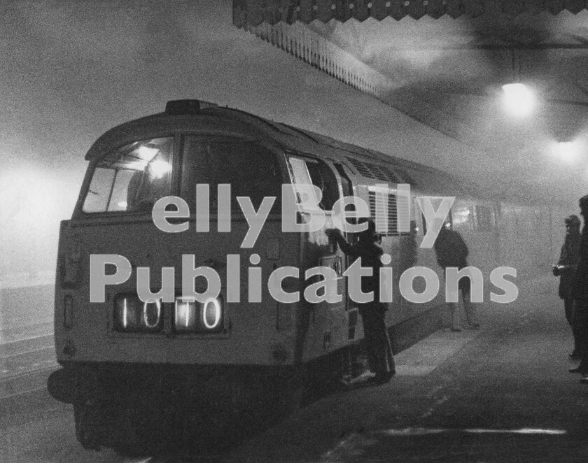 LPPC PHOT SCAN 0005-Edit 
 On 4th December 1976 an ambitious railtour was run to cover West Cornwall branches and was given the title Western China Clay for obvious reasons. In order to cover Falmouth, Carne Point and Newquay in one day, departure from Paddington was 00.35am, with a booked 45-minute rest stop at Bristol Temple Meads. During this stop, in the fog at 03.00am standing at an adjacent platform, was a very down-at-heel Western Class 52 1010 Western Campaigner and I thought that the combination of the locos condition, the time of night and weather together with its swirling exhaust and the small amount of available light encapsulated British Rails attitude to hydraulic diesels at the time. 1010 was HFR (Home For Repair) on the 4V03 21.20pm Birmingham Curzon Street-Plymouth parcels, which it worked from Bristol. She had failed at Bristol after working 1V90 13.21pm Liverpool- Plymouth from Gloucester to Bristol on the 3rd. She then underwent maintenance to an engine fault on Bath Road before going home on the 4V03. After arrival at Plymouth she went to Laira until the 8th December for engine repairs. 
 Keywords: BR, Western, Class 52, Bristol Temple Meads, Railtour, Passenger, D1010, 'Western Campaigner', 'Western China Clay', 1976, December