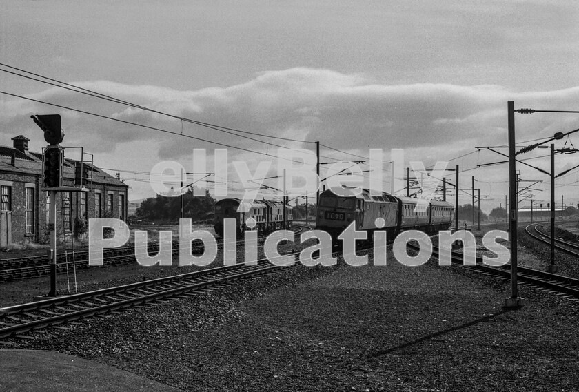 LPPC DSL BW 0674 
 The trackwork here at the south end of Carstairs station looks as if it is missing something somewhere, mainly because it used to be considerably more complicated. The accountants would probably tell you that it was previously over-ambitious and money needed to be saved, so here the layout is as lean as it can be whilst still fulfilling its basic purpose. That purpose is illustrated by a Brush Type 4 Class 47 in 1974, briefly running wrong line as it comes off the connection from Edinburgh at Strawfank Junction with a portion from the Scottish capital and now begins to position it to be added to the rear of an express on its way south from Glasgow. On the left are parked three Sulzer Type 2 Class 24s, the usual motive power for the express portions to/from Edinburgh. They are situated where Carstairs Motive Power Depot used to be. I had watched these manoeuvres before at this point ten years previously and a visit to the shed, at that time, revealed that, inside the building on the left, was no less than ER Pacific A2/3 60512 Steady Aim undergoing repair.