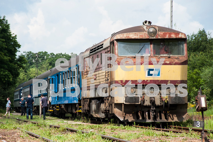 LPAP-EUR-CO-0028 
 Cargos' 751089 sits in the sun on a mothballed line, at Netolice, this special was the loco's last passenger working before withdrawal, 10th July 2012. 
 Keywords: Czech, Czechoslovakia, Passenger, Colour, 2012