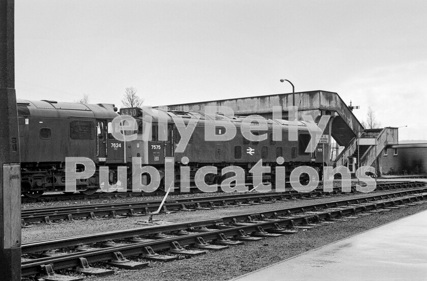 LPPC DSL BW 0398 
 For a period, in the early 1970s, the withdrawn D63XX loco duties in the West Country were largely taken over by Class 25 Sulzer Type 2s. Here numbers 7575 (later 25225) and 7624 (later 25274) wait one Sunday morning to go off-shed at Laira for work. Their reign in Devon and Cornwall was short. I am not certain how it was possible to control a diesel locomotive at 2mph. Most likely no-one ever checked. 
 Keywords: Br, Western, Laira, Shed, Depot, Class 25, 7575, 7624, 25225, 25274, Plymouth