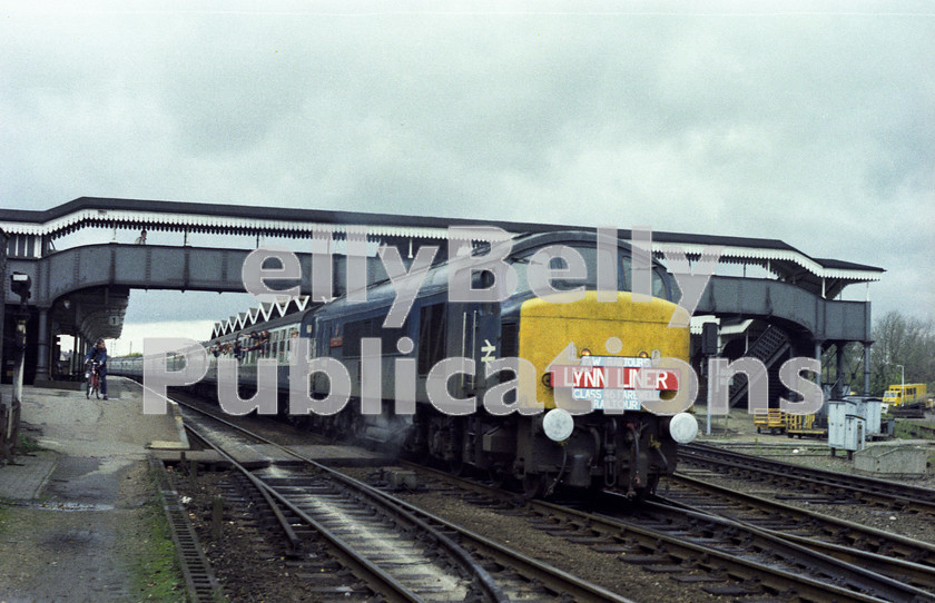 LPAP-DSL-CO-0095 
 Hauling the Class 46 Farewell tour 'The Lynn Liner', 46026 departs March, 3rd November 1984. 
 Keywords: BR, Eastern, LNER, Cambridgeshire, March, Diesel, BR, Shunting, Colour, Class46, 46026, D163, CF, 1984