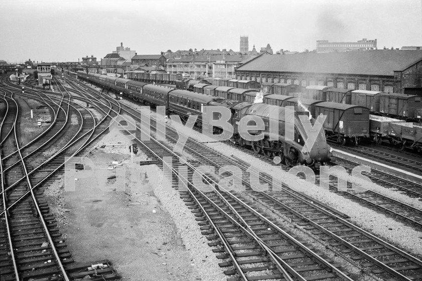 LPIS STM BW NEGS 0118 
 Gresley A4 60010 Dominion of Canada acclerates away from Doncaster with the 14.10 1E12 Leeds to Kings Cross train sometime in the afternoon/evening. The engine had worked to Leeds with the 1N02 04:00 Kings Cross to Leeds train earlier in the day, but given the chaos surrounding the diversions, its return to London seems to have been delayed. This service was due to be worked by a Finsbury Park Deltic, but given the chaos of the previous 24 hours, the A4 substituted. 
 Keywords: 'Dominion of Canada', 1962, 34A, 60010, A4, BR, Black and White, Gresley, Doncaster, Eastern, LNER, Passenger, Steam, Yorkshire