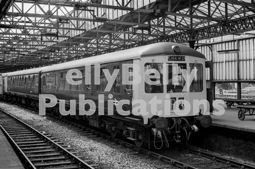 LPPC DSL BW 0386 
 Standing in one of the bay platforms at Crewe is one of the pilot-scheme diesel multiple units; a two-car unit constructed by the Gloucester railway carriage and wagon company. This was quite a rare sight as the class didnt consist of many examples originally and by the late 1960s/early 1970s BRs rush to rid itself of non-standard motive-power and rolling-stock was proceeding at an ever-increasing pace, so this unit would have a short life left at this point. 
 Keywords: Digital, Rights Managed, Stock