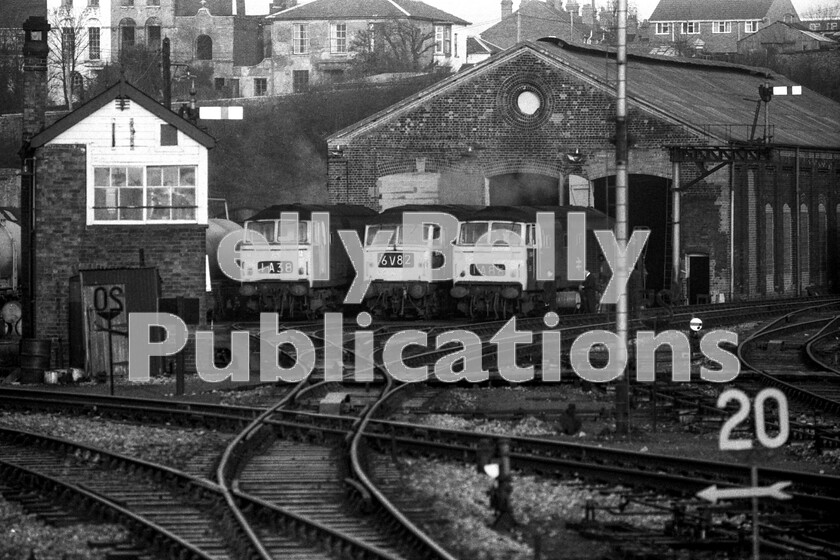 LPPC DSL BW 0630 
 Worcester loco depot  85A - is busy in this scene, with a Brush Type 4 Class 47 (1647 - later 47063) flanked on both sides by Hymek Type 3 Class 35s. These latter capable and attractive locos ended their Class 1 days working trains on the London/Oxford/Hereford Cotswold Lines before final withdrawal. They were also adopted at this time as Lickey Incline bankers. If you substituted WR Castle and Hall 4-6-0s for the diesels, the scene would look much the same as the 1960s. 
 Keywords: BR, Western, Worcester Shrub Hill, Depot, Shed, 85A, Hymek, Class 47, Class 35, 1647, 47063