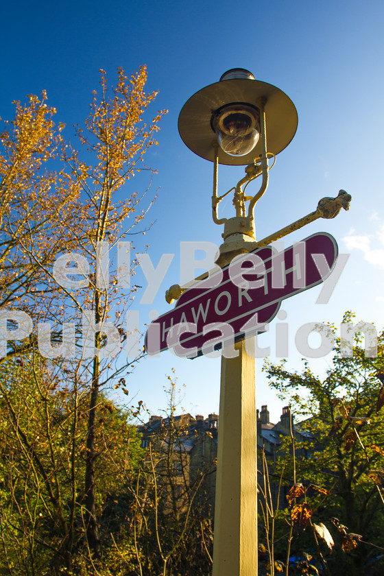 LPISD-STM-CO-0002 
 Early morning autumnal sun catches one of Haworths station lamps on the first day of the KWVR Autumn Steam Gala, October 10th 2014. 
 Keywords: Preserved, Eastern, LNER, Yorkshire, Haworth, 2014