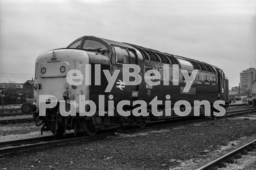 LPIS DSL BW NEGS 0080 
 Class 55 Deltic 55021 'Argyll & Sutherland Highlander' stands at Finsbury Park Depot in the late 1970s. 
 Keywords: 55021, BR, Deltic, Diesel, Eastern Region, Finsbury Park, Shed