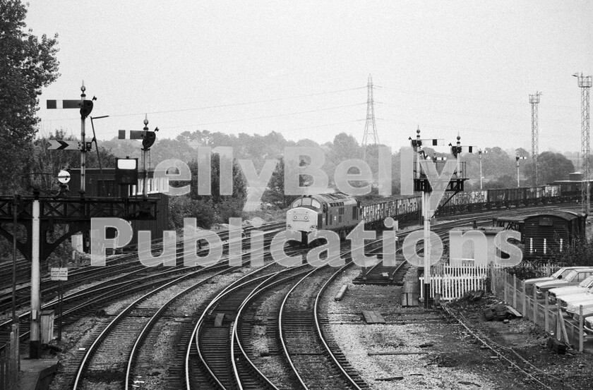 LPPC DSL BW 0985 
 This is another scene where, if it wasnt for a diesel loco, the shot could have been taken in steam days, with a fine array of GW drop-arm semaphores on view. One of the very competent, South Wales English Electric Type 3 Class 37s (possibly 37 217) negotiates the trackwork approaching Radyr station, prior to heading off up the valley towards Pontypridd. 
 Keywords: BR, Western, Wales, Class 37, Radyr, 37217, Coal, Freight