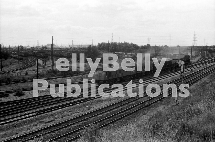 LPPC DSL BW 0625 
 From the BLS DMU heading from Park Junction, Newport further up the valley towards Ebbw Vale, we can see two Sulzer Type 2 Class 25s (led by 5181 - later 25031) setting out from Ebbw Junction towards Bassaleg Junction and Newport station and the east with a long train of empty loose-coupled hopper wagons. The sheer scale of British Rails continued involvement with loose-coupled wagons can be seen by the number in service in the docks sidings in the background and this was in the 1970s, by which time there had been a considerable reduction in industrial activity in South Wales. 
 Keywords: BR, Western, Wales, Class 25, 5181, 25031, Coal, Newport, Ebbw Junction, Freight