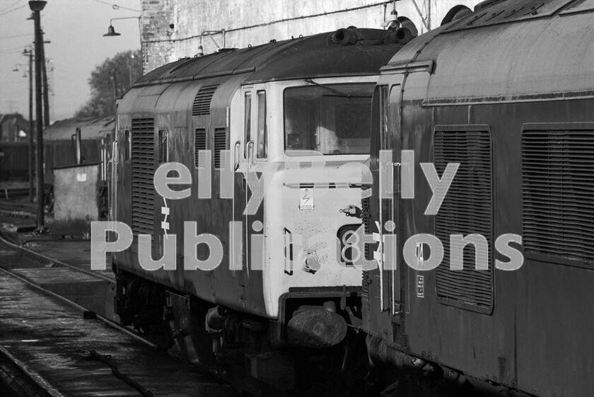 LPPC DSL BW 0976 
 A sunny Saturday morning around 1970 and a visit to Gloucester Horton Road motive power depot finds a Hymek Class 35 D7098 stabled with a Peak Class 45 number 74 (later 45051). A further Peak rests in the depot yard beyond. The locomotives are all in fine fettle and look not long out of works. Once steam was eliminated from British Rail, in the fever of modernisation all remaining locomotives had their D or E prefixes deleted, even to the crass lengths of painting over the cast Ds on Hymeks! This was an initial step at renumbering before the computerisation heralded by TOPS required a totally new numbering scheme for the whole BR motive power fleet. At this time Gloucester still boasted two stations, Central, which coped with what were essentially ex Western Region services and Eastgate which was still very much Midland Region focussed, hence the mixture of WR and LMR locos. 
 Keywords: BR, Western, Gloucester, Horton Roadm 85B, Depot, Shed, Class 35, Hymek, D7098, Class 45, 74, 45051, 1970