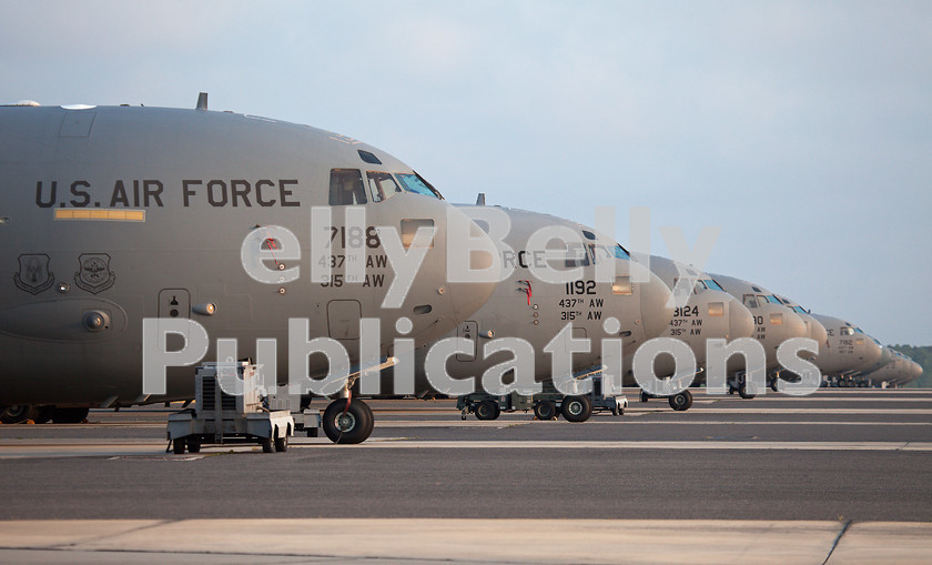 IMG 3328 
 An evening line-up of Boeing C-17 III Globemasters at Charleston Air Force Base , South Carolina. Ten aircraft are seen in this shot, 20% of the aircraft flown by the 437th Airlift Wing. Who says nobody does it like the Blue Angels! April 29th 2017. 
 Keywords: C17, Charleston, Digital, ISO, John Stiles, USAF, United States