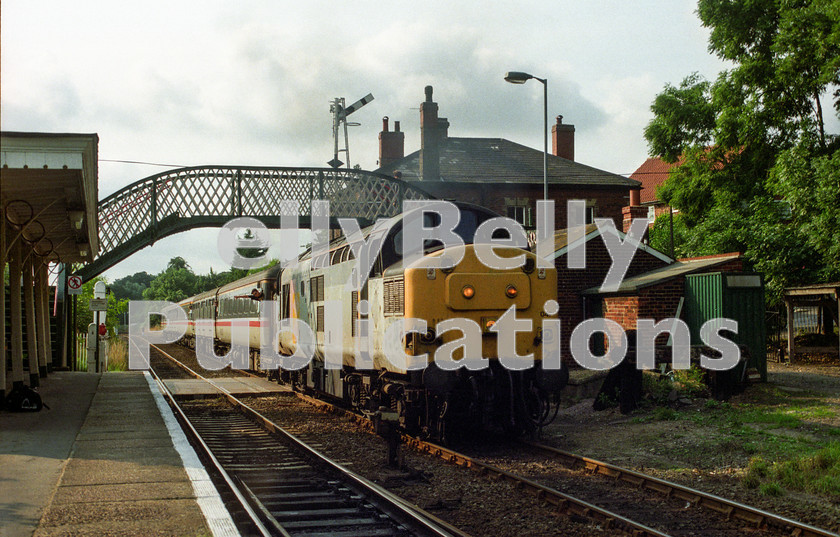 LPAP-DSL-CO-0151 
 37047 thrashes out of Brundall with 1650 Norwich - Lowestoft 'vice unit' service, 6th August 1994. 
 Keywords: BR, Eastern, LNER, Norfolk, Brundall, Diesel, BR, Passenger, Colour, Class37, 37047, D6747, MR, 1994