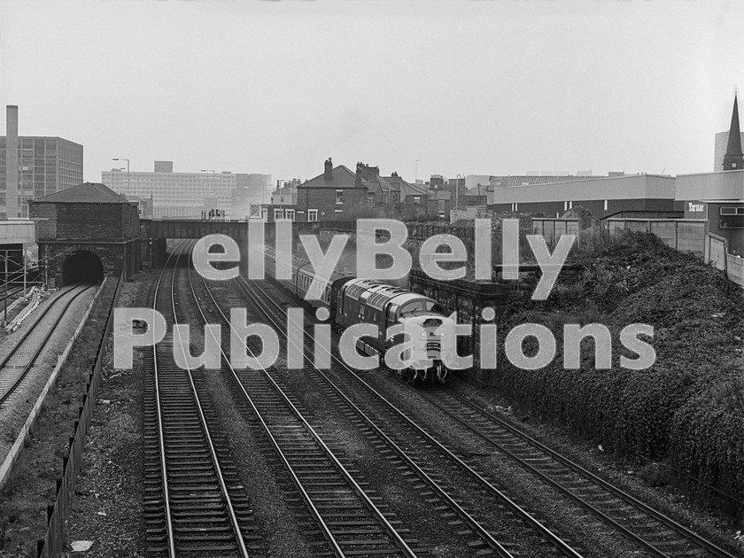 LPIS DSL BW NEGS 0013 
 Having just passed through Heaton Station in Newcastle, EE Deltic 55015 'Tulyar' accelerates in typical Napier style with the 1F51 King's Cross - Edinburgh, "The Deltic Queen of Scots" T&N railtour...... (via Leeds, Hartlepool & Sunderland). 
 Keywords: 1F51, 37/11/1981, 9015, 55015, Black and White, BR, Class 55, D9015, Diesel, Eastern Region, LNER, Newcastle, Passenger