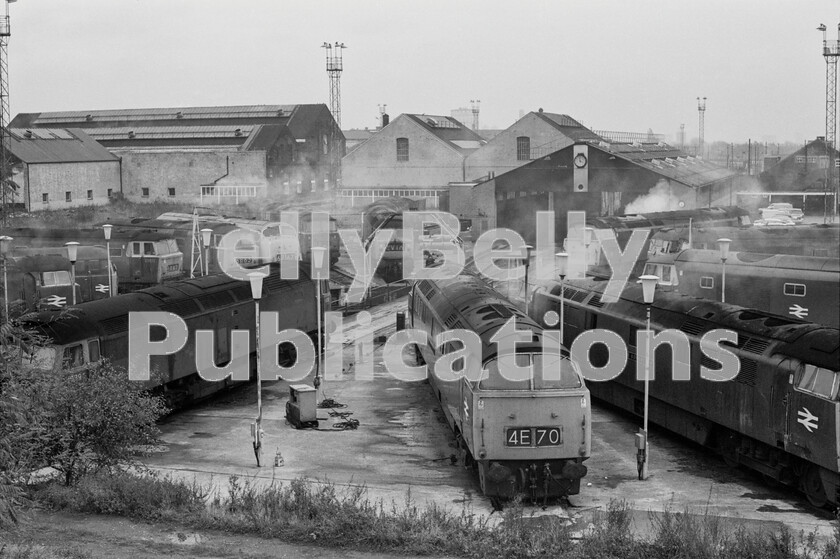 LPPC DSL BW 0979 
 Imagine this turntable scene at Old Oak Common with an all-over roof covering it and then multiply that by four. That would have been the size of the original roofed stabling area of the shed. In the left background is the repair and maintenance building colloquially known as the Factory. The shed with the clock is more recent and for fuelling and there are 16 locomotives gathered around the turntable, including four Western Class 52s, two Warships Class 42, five Hymek Class 35s, two Brush Type 2 Class 31s and three Brush Type 4 Class 47s at rest, and clearly, most have their engines running. 
 Keywords: 1970, BR, Black and White, D1038, D1071, D1639, D1747, D5535, D7025, D7033, D7049, D821, GWR, London, Old Oak Common, Shed, Western, turntable