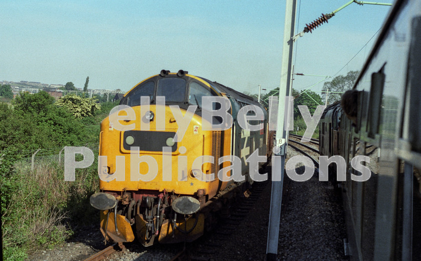 LPAP-DSL-CO-0135 
 37191 'International Youth Year' is heading towards Glasgow, near Dumbarton, as 37039 passes on an Oban train, 30th May 1985. 
 Keywords: BR, Midland, LMS, Scotland, Dumbarton, Diesel, BR, Passenger, Colour, Class37, 37191, D6891, LE, 1985