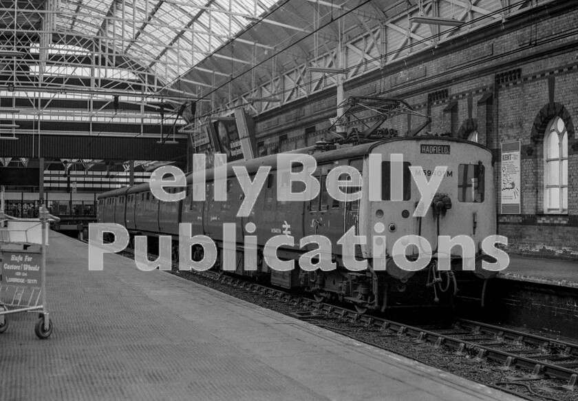 LPPC DSL BW 0551 
 Manchester Piccadilly in the summer of 1972 and a 1500 volt DC three-car electric multiple unit awaits departure time for Hadfield in the citys eastern suburbs.
These trains were of very similar design to the other LNER based units constructed for the London Liverpool Street to Shenfield electrification. The service was the final remnant of passenger workings over the western section of the Woodhead Tunnel route, formerly the province of EM1 and EM2 loco-hauled Manchester to Sheffield services as well as a considerable amount of freight. 
 Keywords: Digital, Rights Managed, Stock