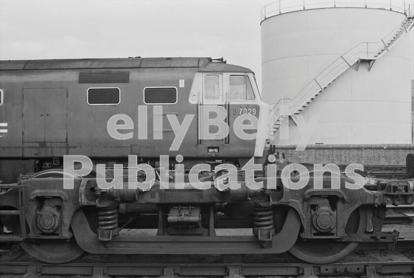 LPPC DSL BW 0997 
 Hymek Class 35 number 7029 is parked outside the Old Oak Common Factory awaiting repairs. Possibly, it will be the recipient of the spare Hymek power bogie seen in the foreground. The loco also displays one of BRs crass displays of modernisation at all costs, whereby the cast D has been painted out so that everyone would be fooled into thinking what an up to date non-steam railway system it now was. The locomotive is one of four Hymeks that did not suffer the fate of the cutters torch. Owned by the Diesel Traction Group, it is currently undergoing a complete restoration at the Severn Valley Railway. 
 Keywords: 1970, BR, Black and White, D7029, Factory, GWR, London, Old Oak Common, Shed