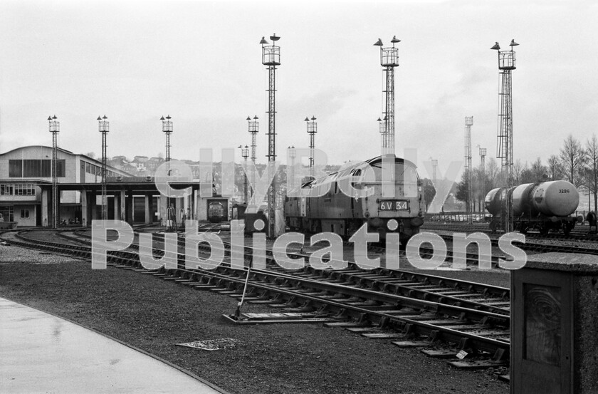 LPPC DSL BW 0397 
 The motive-power depot at Laira, Plymouth on a cold, wet, Saturday morning on 24th March 1973. Two Western Class 52 diesel hydraulics are stabled awaiting their next turns of duty whilst, in the far background, a Class 31 Brush Type 2 is a harbinger of what is yet to come on the WR. After a plea on social media we believe that the front Western is D1062 Western Courier which had undergone some fitters attention. The Class 31 in the background may be 5827, in green livery, which was allocated to Laira for crew training purposes around this time, and may have been the first Class 31 to reach Cornwall in June of the same year. 
 Keywords: BR, Western, Class 52, Class 31, 5827, D1062, 'Western Courier', 31294, Laira, Plymouth, Shed, Depot