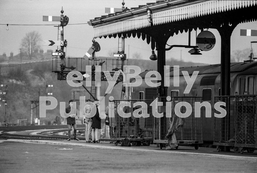 LPPC DSL BW 0618 
 Local spotters gather round the front-end of a Hymek Class 35 (possibly 7001) at Worcester Shrub Hills down main platform end. Having arrived from Paddington, the signal would suggest the loco is about to go on-shed. The line to the right is for Kidderminster and Bromsgrove whilst to continue to Hereford would require the left signal arms to clear. 
 Keywords: BR, Western, Hymek, Class 35, D7001, Worcester Shrub Hill, Passenger, Spotters