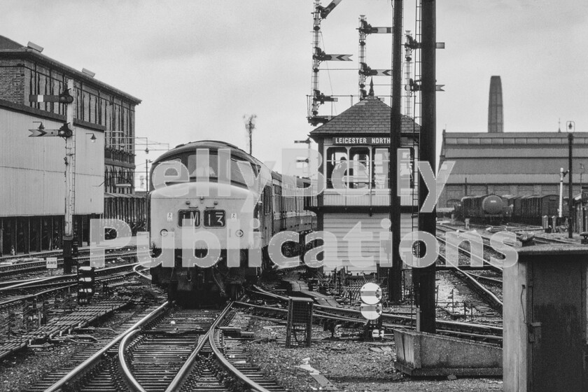 LPPC DSL CO 0005-Edit 
 A golden era of British railway operating or outdated working practices wherever you look? Whichever is the answer theres no denying that this scene shot at the north end of Leicester station in high summer 1973 contains, from left to right, a thriving business utilising many four-wheeled box vans, bracket signals aplenty, a superb example of a manual signalbox and wagonload freight in goods terminal sidings exemplified by the single tank-wagon. However, we must not ignore the immaculate Peak Class 45 heading 1M13 the 08 10 Sheffield to St Pancras Inter City into the station before making a dash for London 99 miles away. 
 Keywords: Digital, Rights Managed, Stock