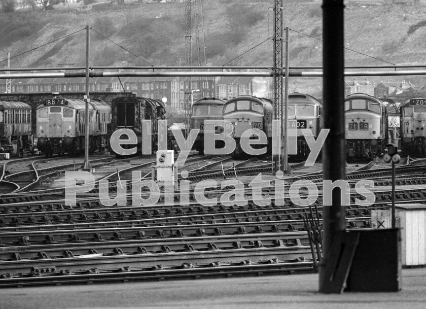 LPPC DSL BW 0705 
 Today it has been razed to the ground, but in the 1970s Bristols Bath Road diesel depot was almost as busy as its steam predecessor, as can be seen in this shot. From the left there is what looks like an ancient Collett coach used for staff or stores, 2 Sulzer Type 2 Class 25s, 2 Class 08 shunters, a Hymek Type 3 Class 35, a Peak Class 45, a Brush Type 4 Class 47 and another Peak Class 45 or 46 and part of a Brush Type 2 Class 31. There would be even more locos inside the depot. 
 Keywords: BR, Bristol, Western, Peak, Class 45, Class 31, Hymek, Class 47, Class 08, Bristol Bath Road, Depot, Shed