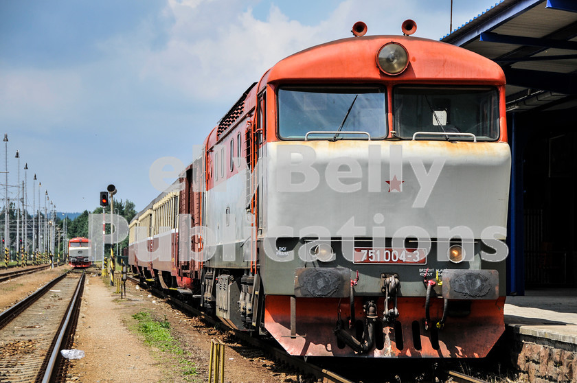 LPAP-EUR-CO-0006 
 As part of the annual specials on Czech line 251, 751004 sits at Zdar nad Sazavou, with a train to Tisnov, 5th July 2008. 
 Keywords: Czech, Czechoslovakia, Passenger, Colour, 2008