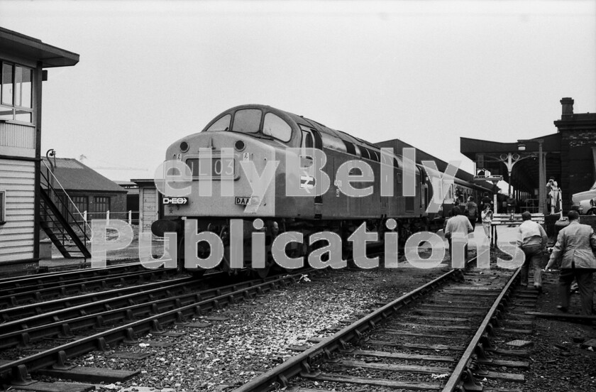 LPPC DSL BW 05270531 
 The Diesel and Electric Group ran a number of comprehensive railtours in the 1970s and here is one commemorating English Electric Type 4 Class 40 power in the form of number 40170. A substantial amount of this trip involved criss-crossing the Greater Manchester area and here the passengers are enjoying a photographic stop at one of the stations to the south of the city. 
 Keywords: Digital, Rights Managed, Stock