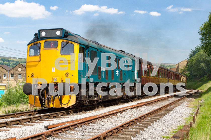 LPIS-D-DSL-CO-0027 
 Resident Class 25, 25059, departs from Keighley with a service for Oxenhope during the Keighley and Worth Valley Railway's Summer Diesel Gala on 6th June 2014. 
 Keywords: 25059, Class 25, D5209, Diesel, Digital, Gala, Haworth, Heritage, Keighley and Worth Valley Railway, LMS, Midland Region, Preserved, Rights Managed, Stock, Yorkshire