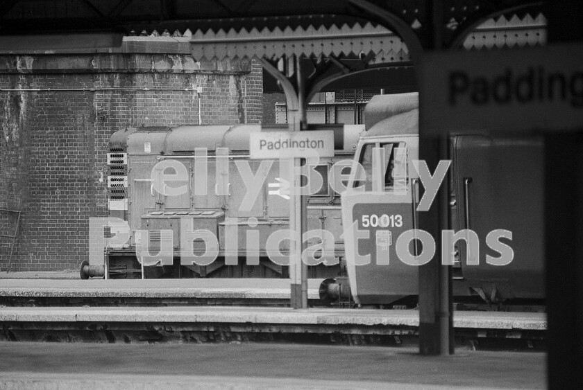 LPPC DSL BW 1297 
 It was very unusual to see a Class 08 350hp shunter at Paddington, so I can only surmise that the booked Brush Type 2 Class 31 pilot has failed or a carriage has gone tick and needs removing to Old Oak Common. The Class 50, 50013, in line with most of its siblings, was later given a name, Agincourt. Many of the others received names from UK fighting vessels to create a sort of 1980s Warship class. Astonishingly, 21 examples, nearly half the original fleet, are now preserved in one form or another. It is to be hoped that all passengers on incoming services are aware that the place called Paddington is the end of the line. 
 Keywords: BR, Paddington, Western, Class 50, 50013, Class 08, Passenger, Shunter