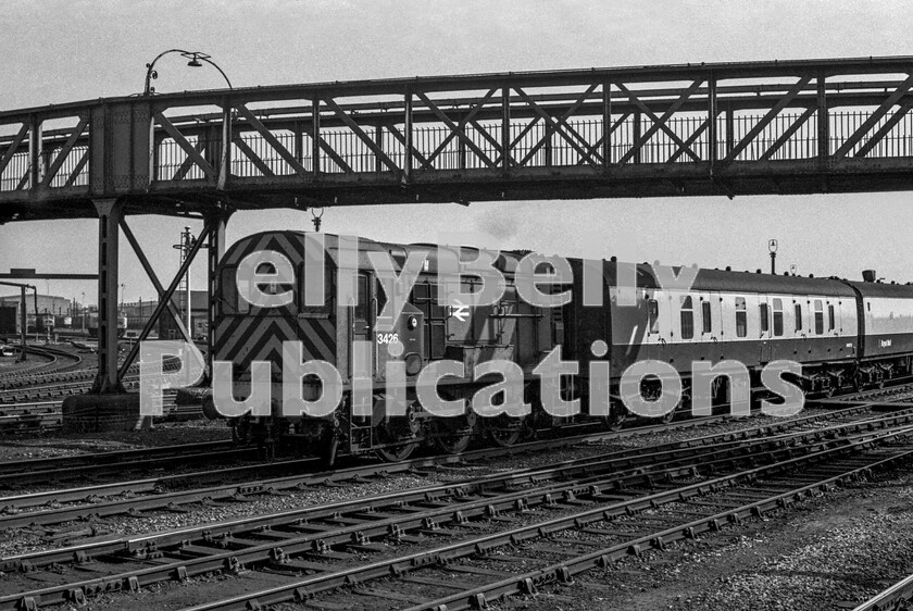 LPPC DSL BW 0493 
 Despite having been repainted into rail blue, in Summer 73 this 350hp Class 08 shunter still retained its original number, 3426, albeit without the D prefix. It was later to become 08536 but before that it is here shunting carriages outshopped from the works at Derby including a BG Full Brake and a Post Office sorting vehicle, a type of coach becoming quite rare on Britains railways as ever-increasing amounts of traffic were being lost to road.