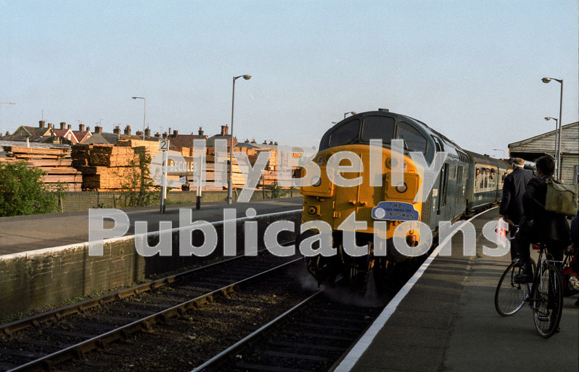 LPAP-DSL-CO-0044 
 Arriving at Beccles, 37049 is working the 1650 Liverpool St - Lowestoft, 11th May. 1984. 
 Keywords: BR, Eastern, LNER, Suffolk, Beccles, Diesel, BR, Shed, Colour, Class37, 37049, D6749, SF, 1984