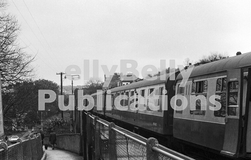 LPPC DSL BW 0902 
 In the late 1960s the passenger service on the Falmouth branch was cut back to terminate at this basic station in the town and the crew are changing ends ready to head back to Truro. At the time this shot was taken it was called Falmouth, in 1975 it was renamed The Dell and then, in 1989, it was renamed again to Falmouth Town when the line was reopened, beyond this picture, to its original terminus and probably because no-one could fathom where its former name actually represented. Despite the infrastructure being new, the reason it doesnt look that way is because the WR Civil Engineers constructed it of salvaged materials from previously closed stations. The Laira based Class 119 DMU is set LA509 (51079, 59437, 51107) and dates the photo as 1974/5, before the set was transferred to Reading. 
 Keywords: BR, Western, DMU, Class 119, L509, 51079, 59437, 51107, 1974, Falmouth