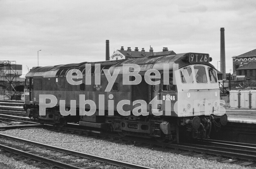 LPPC DSL CO 0099-Edit 
 At Nottingham station, passing through, in August 1972 Sulzer Type 2 Class 25 number D5246 is substantially in its original condition and livery, although it would only have had half-cab yellow ends. Otherwise its dual-tone green paint is unlikely to remain much longer before rail-blue and a renumber to 25096 takes the loco over. With the demise of the need for through corridor connections the doors that were evident on the noses of earlier examples of the class had now been deleted. 
 Keywords: Digital, Rights Managed, Stock