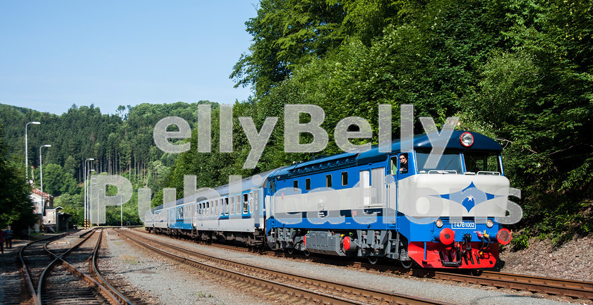 LPAP-EUR-CO-0041 
 Basking in the sun at Hruba station, 751002 on a tour, waits to pass a unit, 7th July 2013. 
 Keywords: Czech, Czechoslovakia, Passenger, Colour, 2013