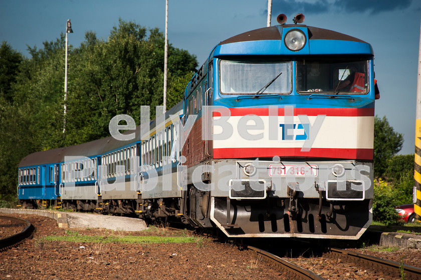 LPAP-EUR-CO-0030 
 On the mothballed line from Cicenice to Tyn nad Vltava, 751316 is seen at Temelin, 10th July 2012. 
 Keywords: Czech, Czechoslovakia, Passenger, Colour, 2012