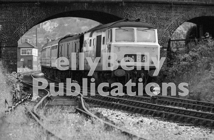 LPPC DSL BW 1299 
 Passing the site of the long-closed Malvern Wells station, which was located between the bridge and the signalbox, is a Hymek Class 35 heading an up afternoon Hereford to London Paddington express. It is just about to pass the 130 milepost from the capital. Through the bridge on the hill can be made out, in the far distance, the buildings situated around the Wyche road cutting at Little Malvern, on Herefordshire Beacon, one of the most picturesque of the routes that allow vehicles access over the hills to Herefordshire. 
 Keywords: BR, Western, Hymek, Class 35, Malvern Wells, Passenger