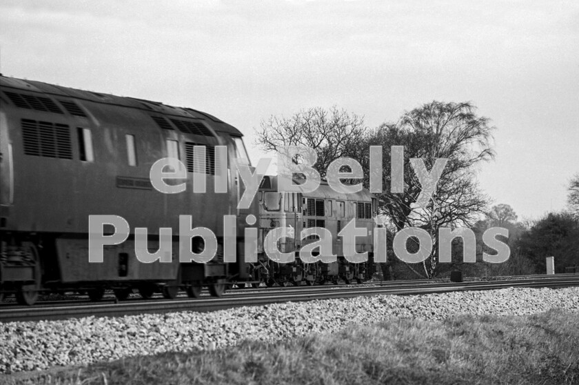 LPPC DSL BW 0441 
 You can almost feel the heat and blare of the thrumming sound from the Western Class 52 as it gets well and truly into its stride having completed the Reading stop with an up South Wales express on a cold blustery March morning in 1974. The location is immediately east of the end of Sonning Cutting looking towards Twyford and the 52 is easily overtaking the trundling Class 31 (5687, later 31259) on an engineers train. It is a Saturday so the latter is heading towards London to be in position for a possession that night. As there was no longer any need for the erstwhile 75mph Permanent Way Slack (PWS) through Twyford station, the 52 is well into the 80s and swiftly approaching 90mph at this point. 
 Keywords: BR, Western, Class 31, Freight, Passenger, Class 52, 5687, 31259, 1974