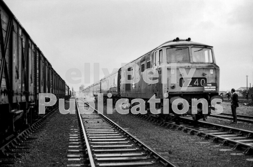 LPPC DSL BW 0583 
 Hymek Class 35 D7073 stands in the rain in the reception sidings of Long Marston Army Depot with an enthusiasts special titled The Western Trooper. The train ran on 16th October 1971 and had started in the morning from London Waterloo headed by the Western Class 52 (D1033) of the same name and travelled to Oxford via Staines. There, it diverted onto the remaining, freight-only, part of the Universities Line as far as Bicester Town. After shunting into the Army Depot there, the passengers were treated to a ride on the private railway plus a visit to the Army loco depot before departing with the Western for Oxford (reverse) and then Banbury, Leamington, Stratford on Avon before heading south for Honeybourne, but stopping short at Long Marston where a steam-hauled special was laid on to take participants round the circular private line within the depot. In the meantime, the Western had been replaced with the Hymek for the return journey to Waterloo via Toddington, Cheltenham, Gloucester, Swindon and Reading. A fascinating days rail travel. 
 Keywords: BR, Western, Hymek, Class 35, D7073, 'The Western Trooper', Railtour, Passenger, Long Marsden, 1971