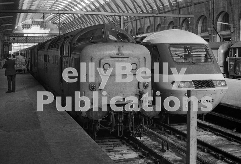 LPIS DSL BW NEGS 0113 
 EE Class 55 Deltic 55017 'The Durham Light Infantry' stands at the buffers at King's Cross having arrived earlier from the North on 20th November 1978. 
 Keywords: EE,Deltic,Class 55, D9017,9017,55017, BR, Deltic, Diesel, Eastern Region, King's Cross, Passenger