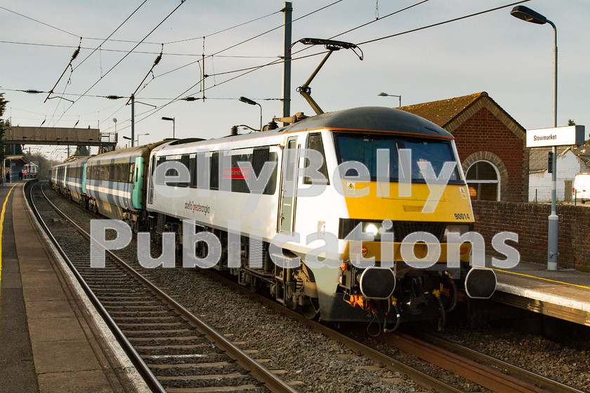 LPIS-D-DSL-CO-0014 
 Abellio Greater Anglia Class 90, 90014, arrioves at Stowmarket station with 1P51 the 16:29 service to London Liverpool Street. 
 Keywords: 90014, Abellio, Class90, Colour, Digital, East Anglia, Eastern, Greater Anglia, Passenger, Rights Managed, Stock, Stowmarket, Suffolk