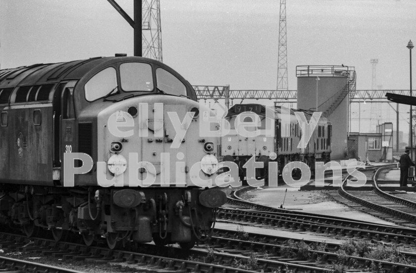 LPPC DSL BW 1233 
 Its June 1972 at Crewe Diesel Depot and grubby English Electric Type 4 Class 40 number 310 rests between duties. There was still plenty of traffic around to find work as the 9T71 headcode on the front Sulzer Type 2 Class 25 bears witness. They have been in use working local trips to and from steel works, chemical plants, aggregate workings and many more industrial terminals in the area. For 310, to keep it busy, all Inter City passenger workings to Holyhead were usually powered by Class 40s at this time, as were passenger workings to Barrow-in-Furness. 
 Keywords: Digital, ISO, John Stiles