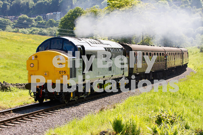 LPIS-D-DSL-CO-0026 
 Class 37, 37075 climbs towards Oakworth with the first train from Keighley to Oxenhope at the Keighley and Worth Valley Railway's Summer 2014 Diesel Gala on 6th June. 
 Keywords: 37075, Class 37, D6775, Diesel, Digital, Gala, Haworth, Heritage, Keighley and Worth Valley Railway, LMS, Midland Region, Preserved, Rights Managed, Stock, Yorkshire